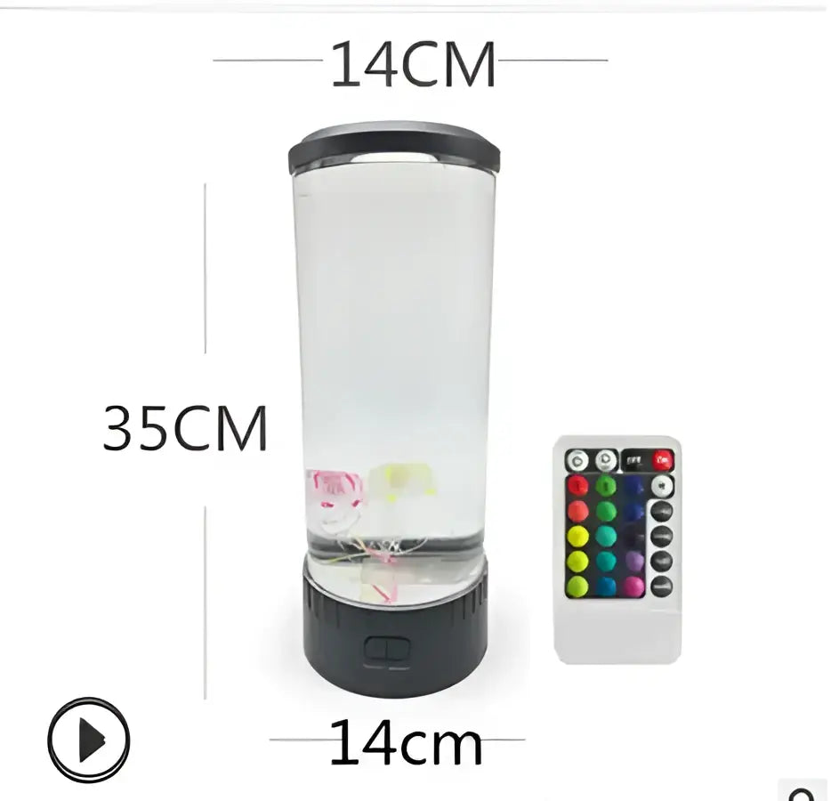 A 35cm tall decorbites led jellyfish lamp with transparent cylinder, black base, floating pink and green elements