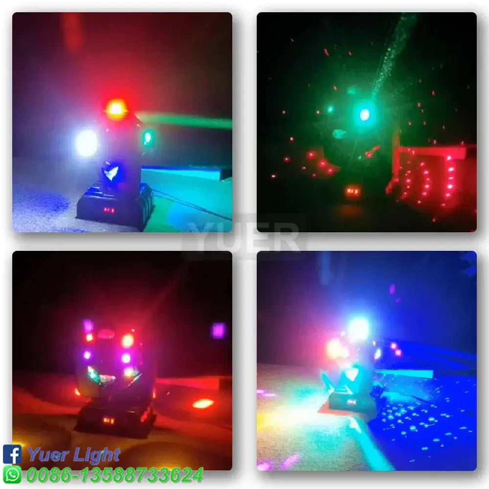 Black moving head ball LED fixtures emitting vibrant red green blue and purple beams for disco DJ use