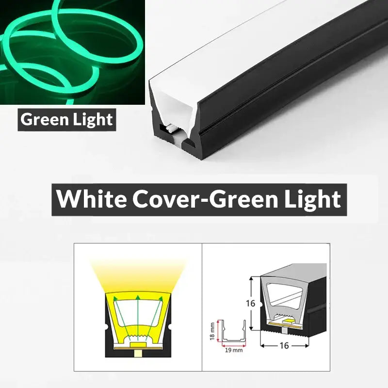 Decorbites™ led neon rope lights with black strip and white cover emitting green illumination for outdoor use