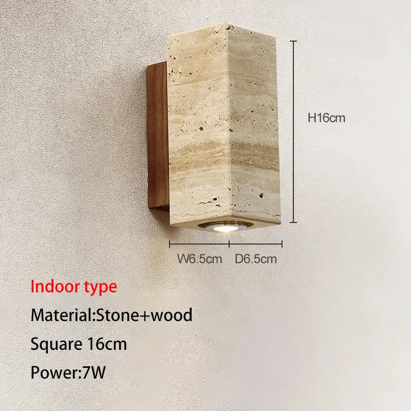 A decorbites led outdoor wall lamp in beige stone and dark wood with recessed led light for garden use