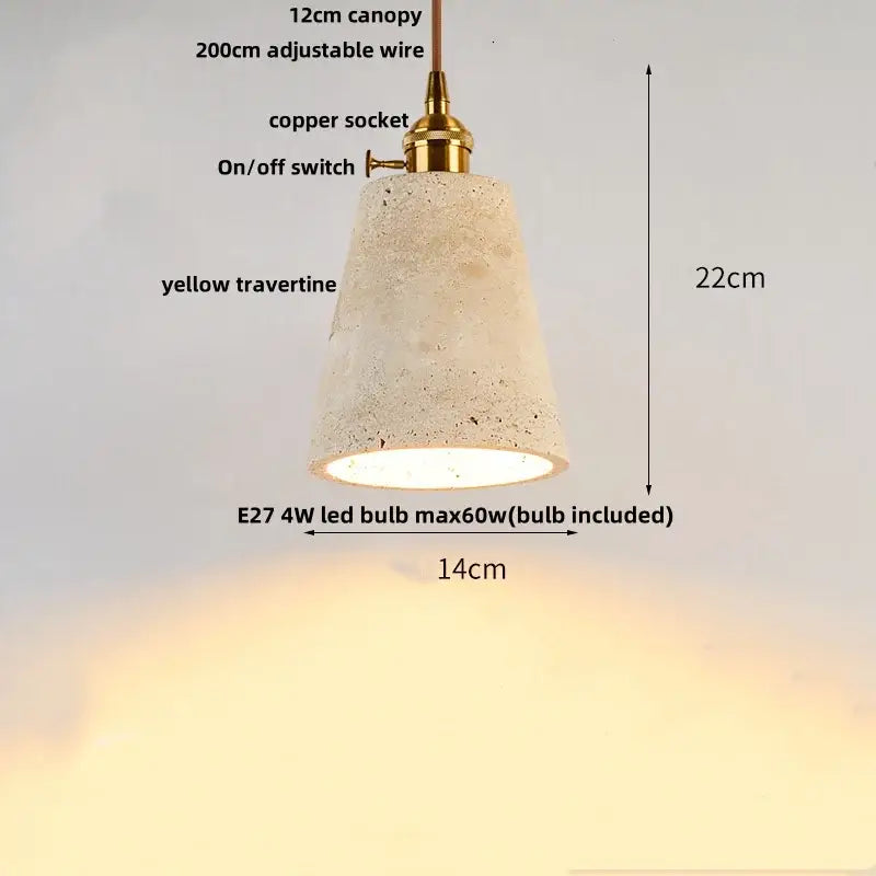 Decorbites led pendant lamp featuring a warm yellow travertine shade with a brass-finished copper socket and switch