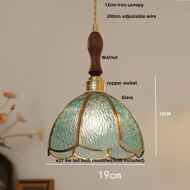 Teal textured glass pendant light with walnut iron canopy and brass accents by decorbites led pendant light fixture