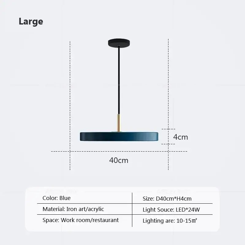 Blue circular decorbites led pendant light with black ceiling mount brass accent iron art acrylic for indoor use