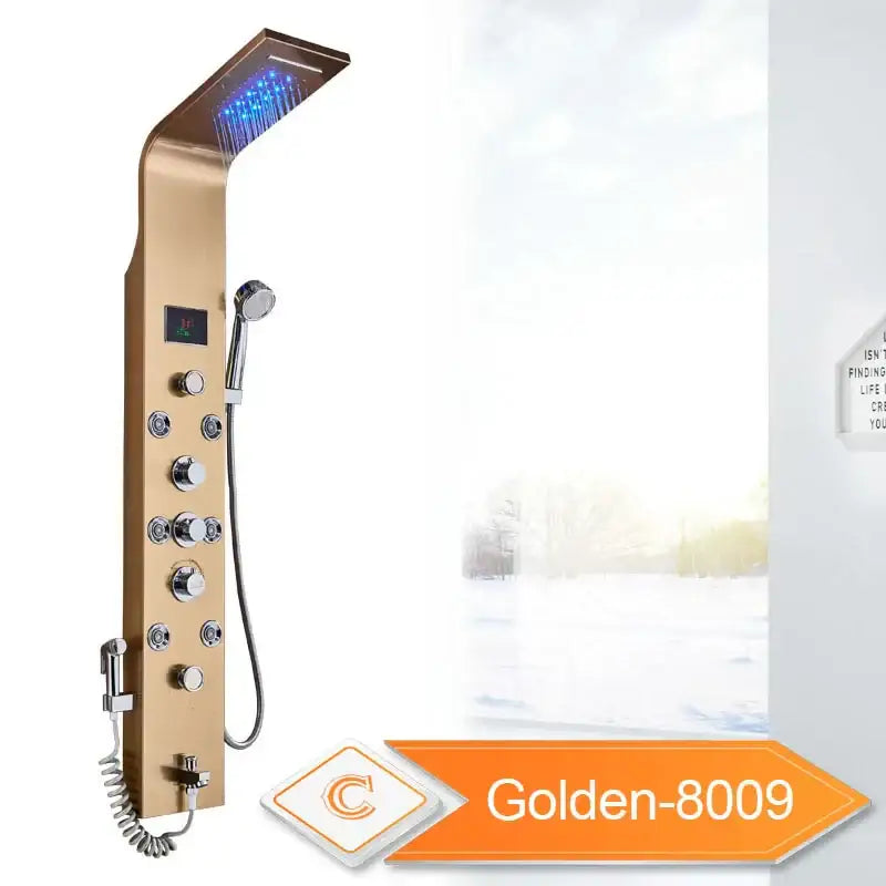 Gold-finished decorbites led rain shower system with blue light rainhead, control knobs, handheld showerhead, and massage jet