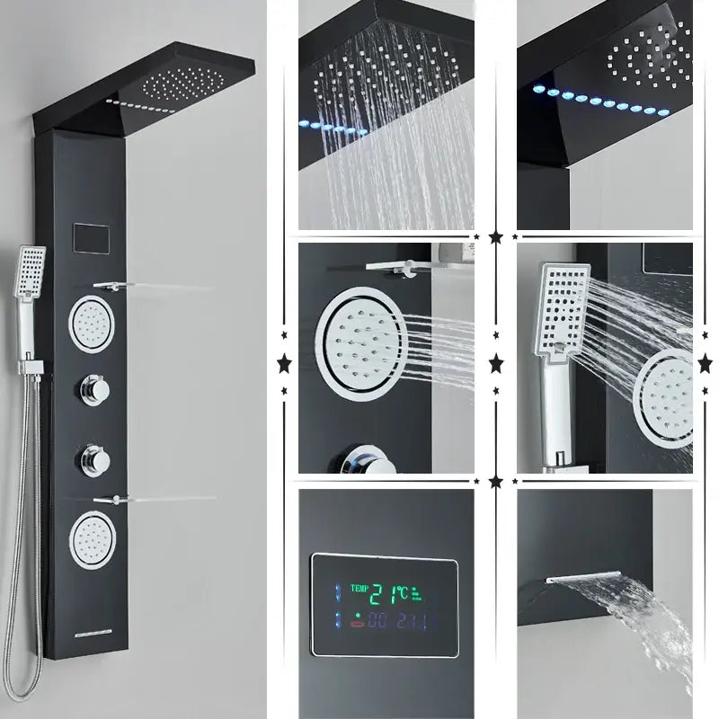 Black DecorBites™ shower panel with large rainfall shower head, handheld sprayer, body jets, and digital temperature display
