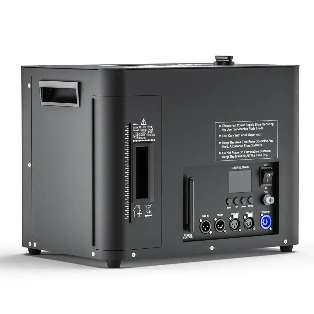Black industrial-grade DecorBites™ led smoke spray flower machine generator with control panel and safety labels for stage events
