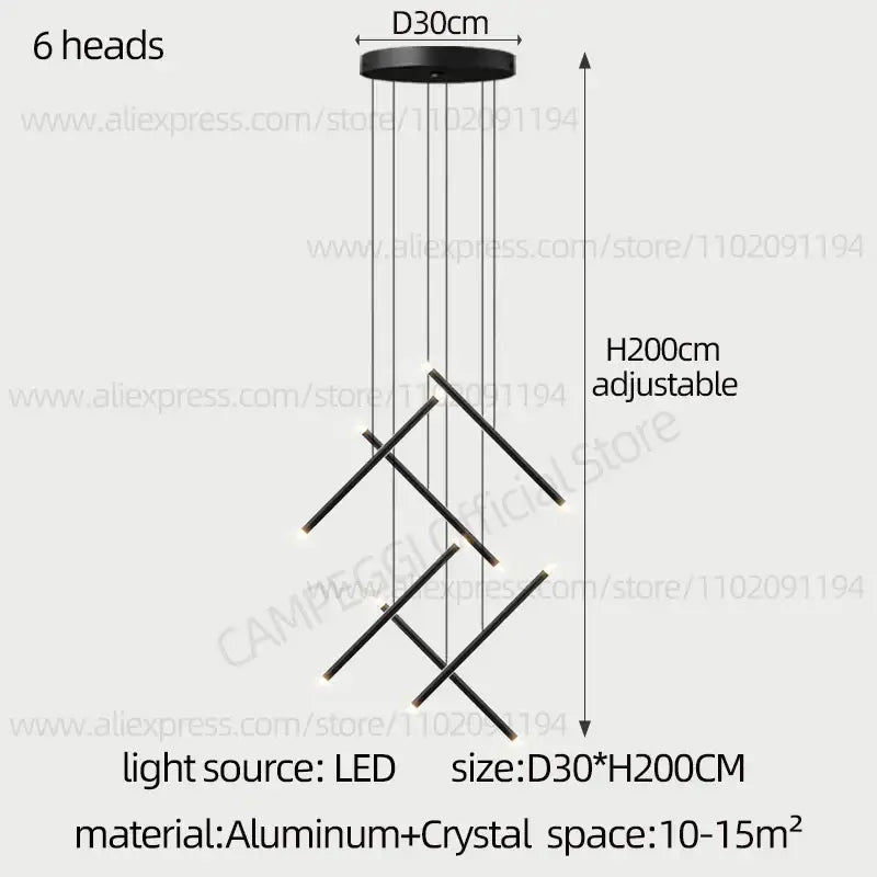 Black modern DecorBites led staircase pendant chandelier with six angular arms and crystal accents for restaurant use