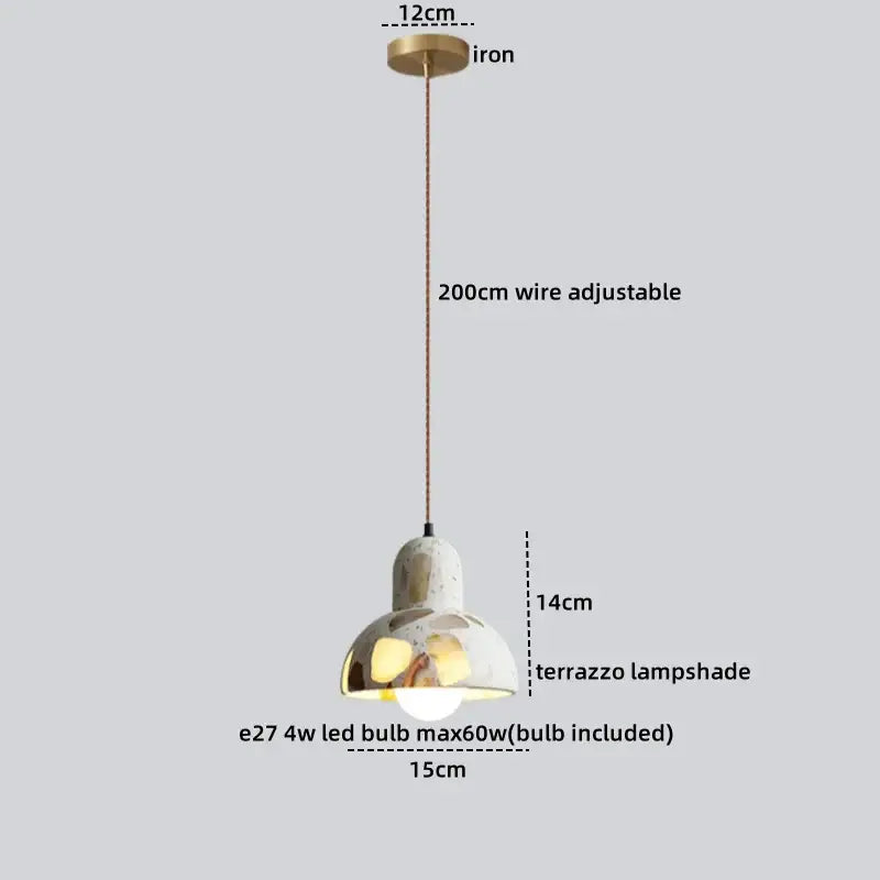 Modern decorbites led terrazzo pendant light with textured white terrazzo shade and gold accents for living room lighting