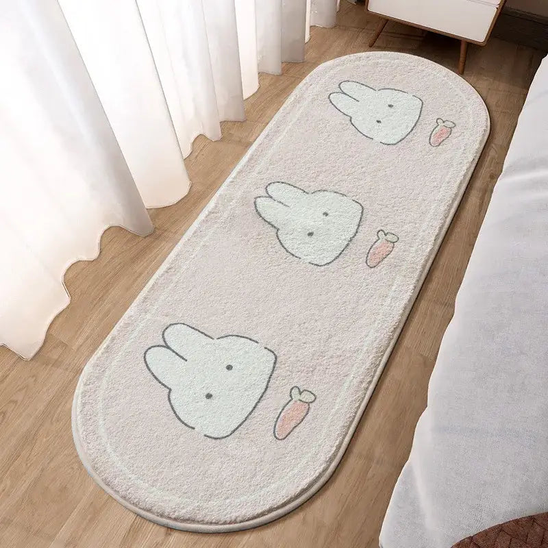 Decorbites lovely rabbit pink bedside rug for girls featuring soft plush off-white material with cartoon bunny faces and pink carrots