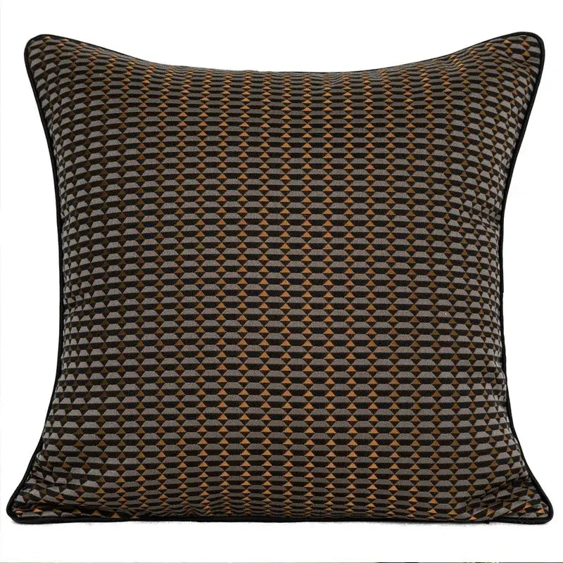 Square throw pillow featuring decorbites luxe jacquard cushion cover with brown gold coffee geometric pattern and black border