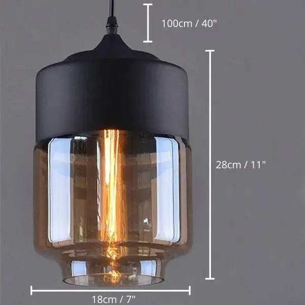 DecorBites modern nordic pendant lighting with black metal frame amber glass shade and visible filament bulb