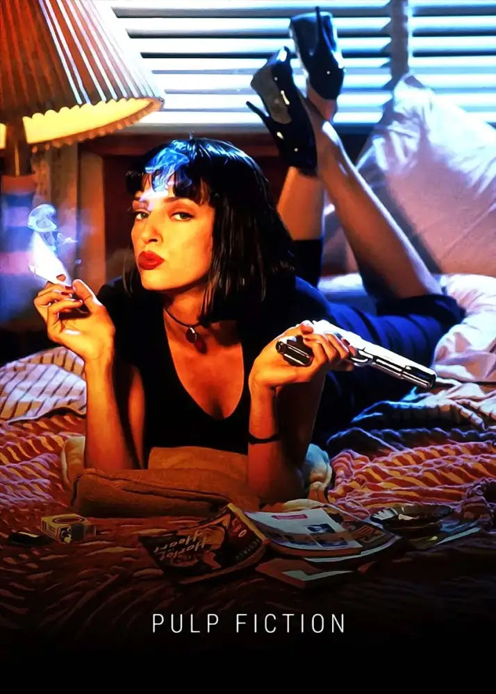 A pulp fiction canvas wall art by decorbites featuring a woman with dark hair holding a cigarette and handgun
