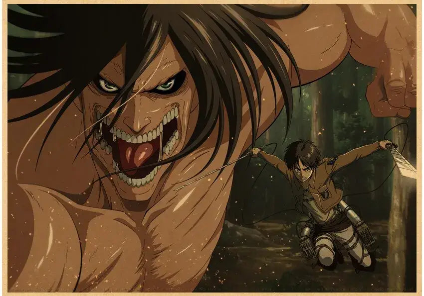 Decorbites™ vintage japanese anime attack on titan poster featuring a muscular tan-skinned titan with dark hair and fierce expression