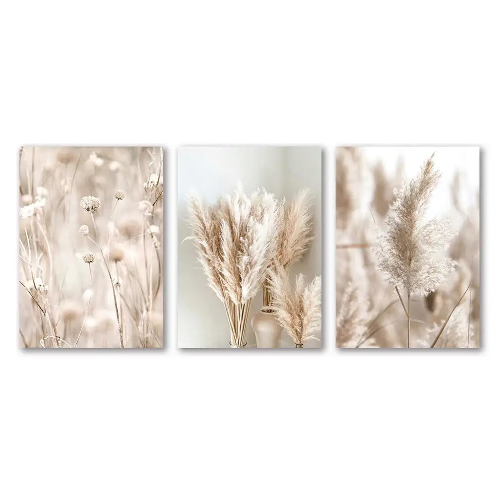 Set of three beige and cream-toned dried pampas grass wall art prints complementing decorbites™ white seascape canvas set