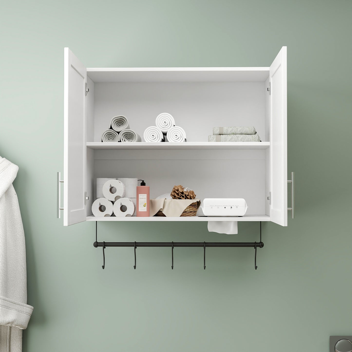 Badezimmer-Wandregal mit einstellbarem Fach, Handtuchhalter, 5 Haken, Stauraum über der Toilette für Badezimmer, Küche, weiß