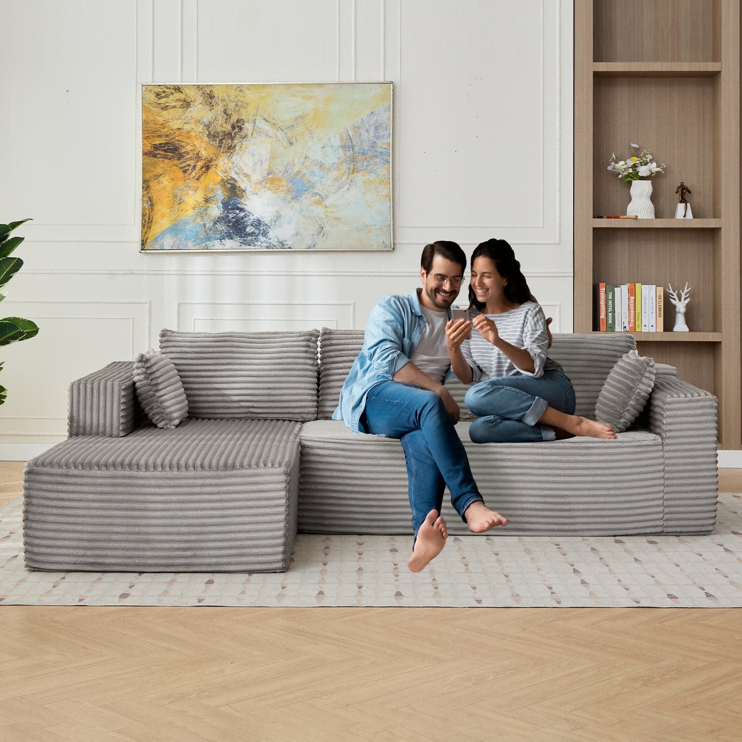 L-förmiges Kompressions-Sofabett mit Nesselstoffbezug - Umwandelbare Sektionale Sofa, ausklappbare Boden-Couch-Schlafcouch, platzsparende flanellartige Lounge für kleine Wohnungen, Wohnzimmer & Spielzimmer OHNE TUME