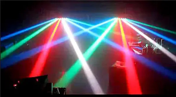 Eight eyes led rgbw beam stage light projecting vibrant red green blue and white laser beams for party room effect