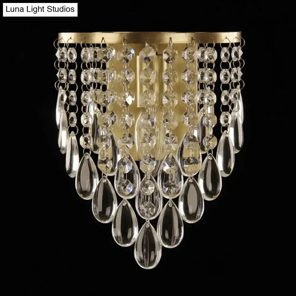 Elegant gold corridor wall mounted semi rounded sconce featuring a clear crystal chandelier with beveled glass crystal