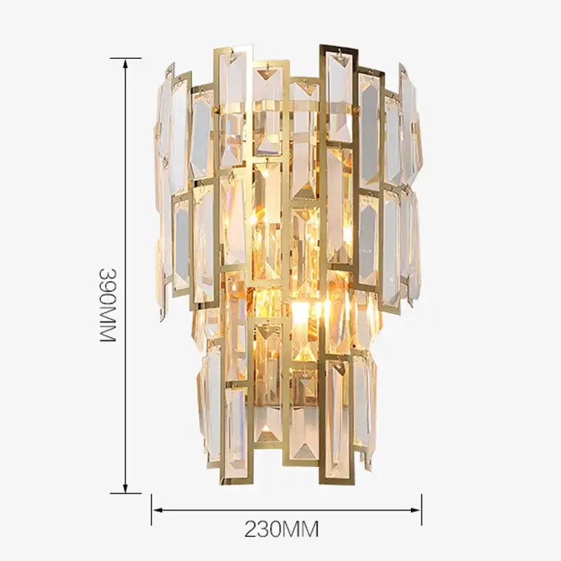 Elegant gold crystal wall lamp with cascading rectangular crystal panels and metallic borders for living room use