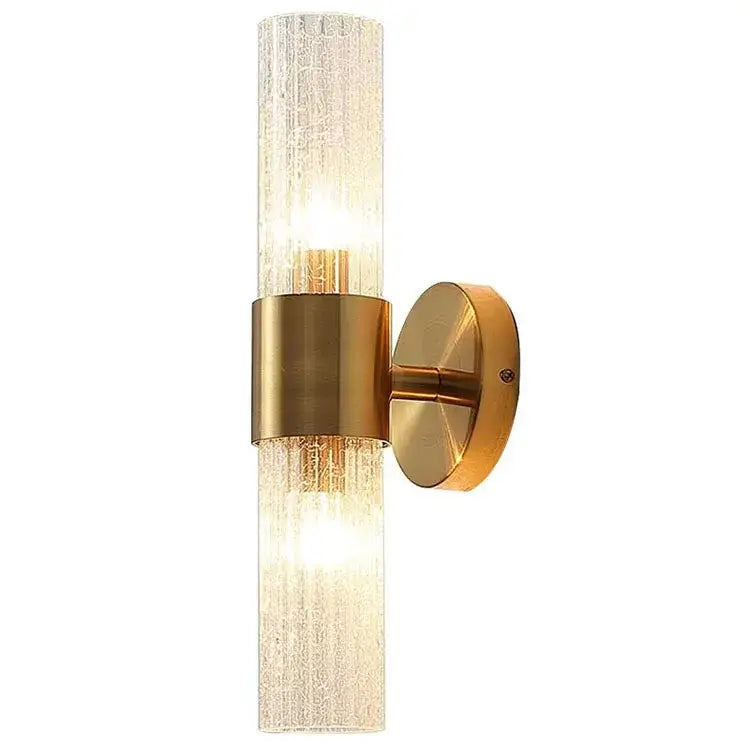 Gold-toned wall lamp with textured translucent glass cylinder and brushed brass accents for decorbites elegant crystal led lighting