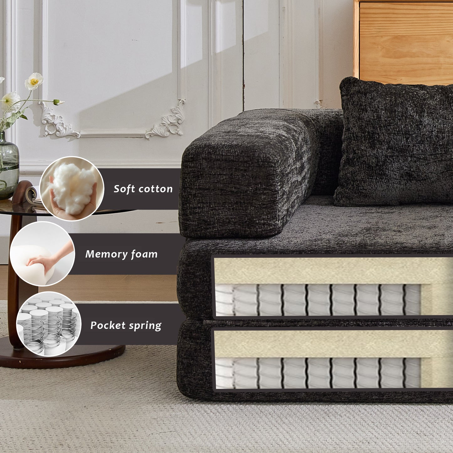 Kompressions-Sofa, Umklappbares Boden-Sofa-Bett mit feststehendem Formrahmen, Einzelner Sitz ohne Knochen, Modulares Sektionalsofa, Keine Montage erforderlich, Chenille-Stoff, für Wohnzimmer und Schlafzimmer, Schwarz
