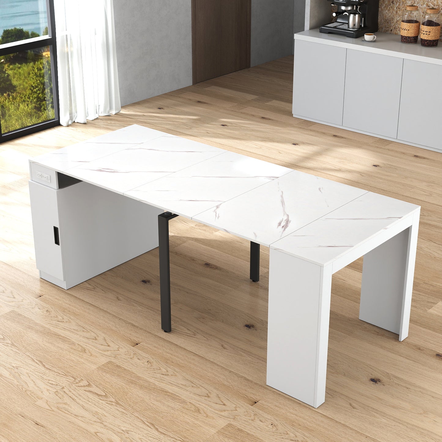 Moderne multifunktionale ausziehbare Esstisch mit Steckdose, platzsparender ausklappbarer Tisch mit Stauraum für Partys, Hochzeiten, Meetings und Feiern