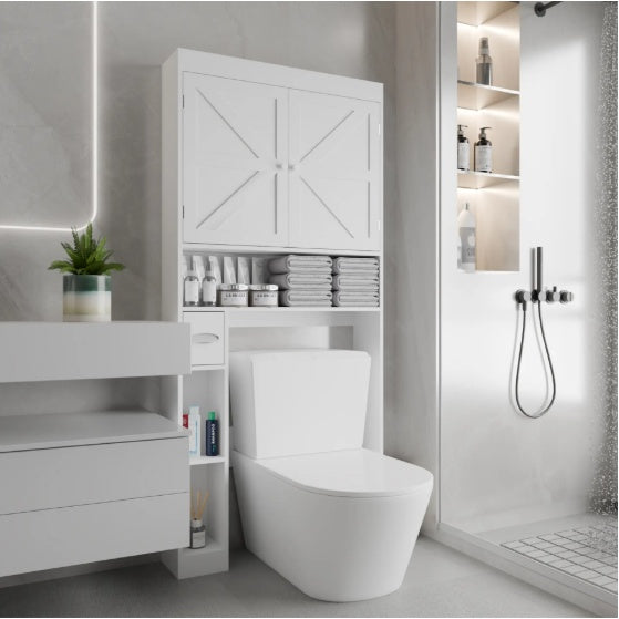 Über-Die-Toilette-Speicherschrank mit 2 Türen, platzsparender Toilettenständer für Zuhause, im Landhausstil für Badezimmer, Toilette, Wäscheraum
