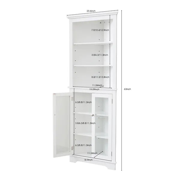 FRALIMK Mattweiß Hoher Eckschrank für die Ecke, Bodenspeicher Schmale Organisatoren mit Doppeltür aus Glas und einstellbaren Regalen