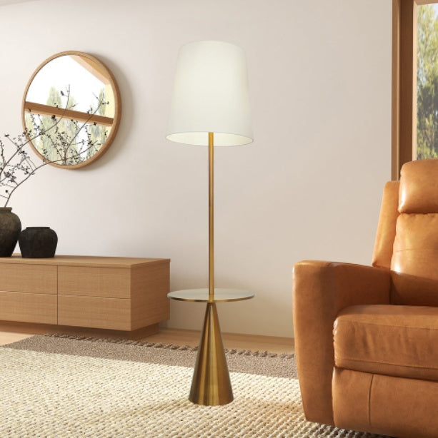 Himmelsmoderne Stehlampe mit Messing-Akzenttisch und großer weißer Lampenschirm