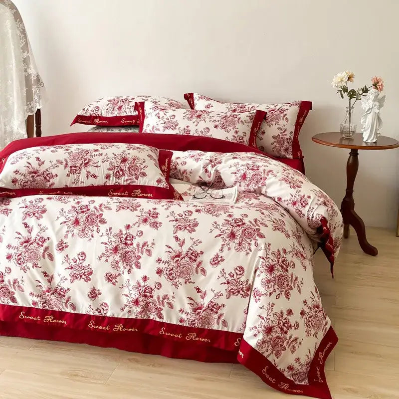 Floral red and white cotton wide edge bedding sets with sweet flower embroidery for decorbites cotton wide bedroom decor