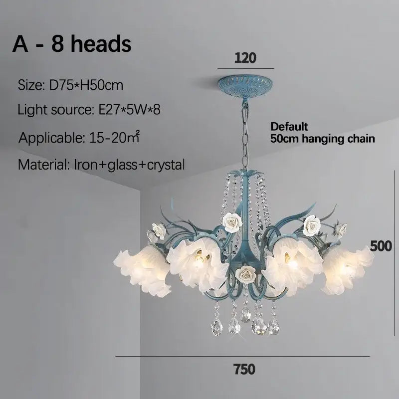 French style white crystal flower chandelier with delicate teal frame and eight illuminated floral shades by decorbites crystal flower