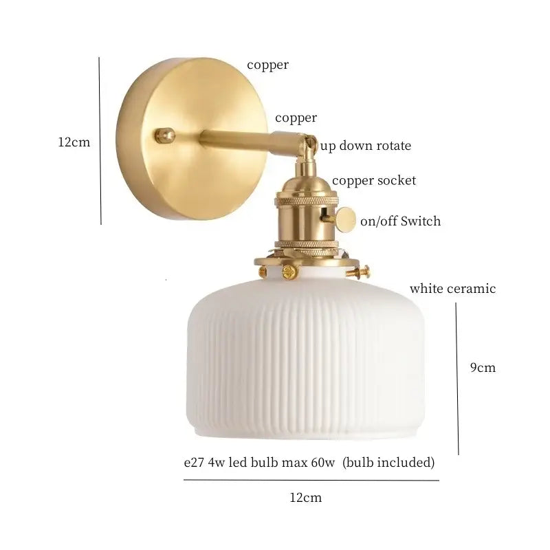 Gold and white ceramic led wall sconce with brass copper finish and ribbed shade decorbites ceramic led bedroom lighting