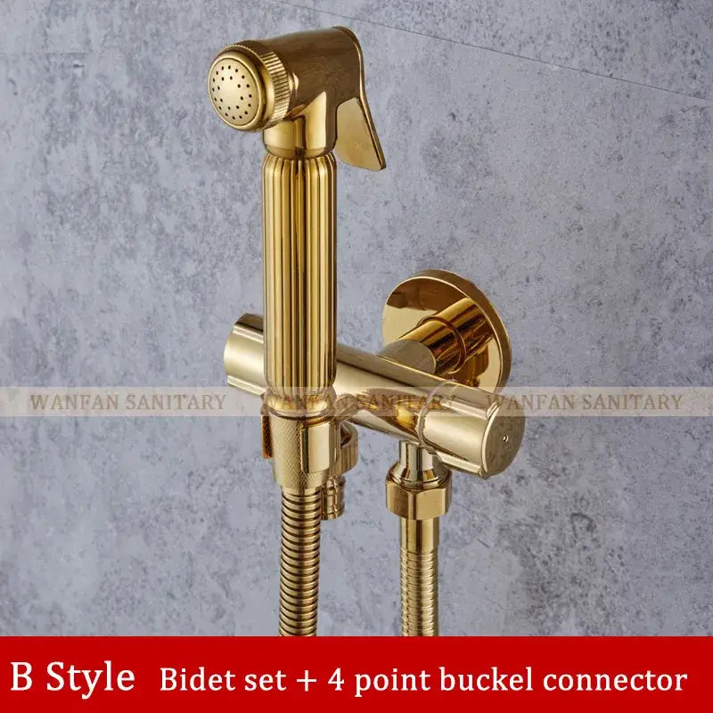 Gold brass handheld bidet faucet with ribbed handle and textured nozzle for decorbites bidet faucet use