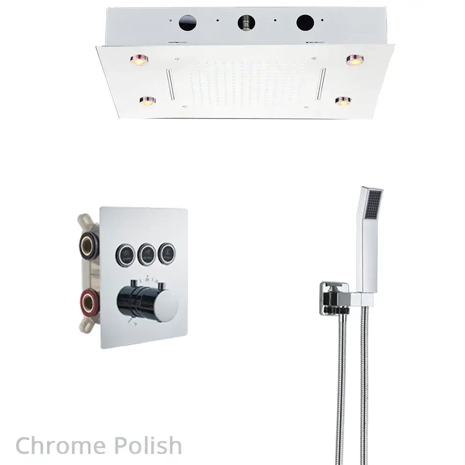 Modern chrome rainfall waterfall head with integrated lighting and bathtub mixer tap featuring a handheld showerhead