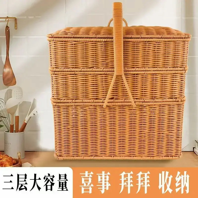 Rectangular handwoven rattan picnic basket with lid and handle for outdoor storage in natural wicker color