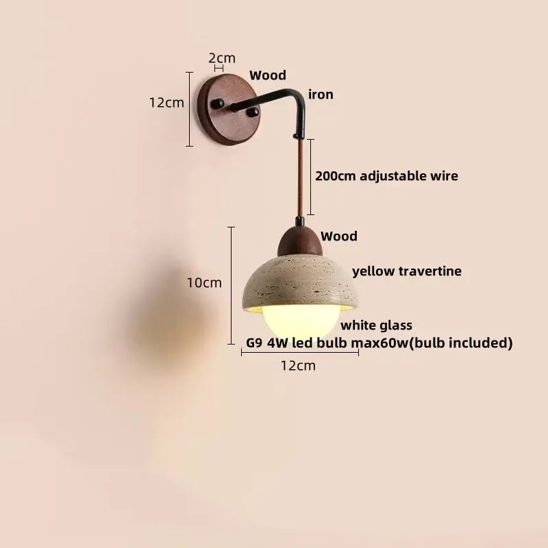 Rustic industrial beige concrete wall lamp with wooden base and yellow travertine shade decorbites led wall lamp