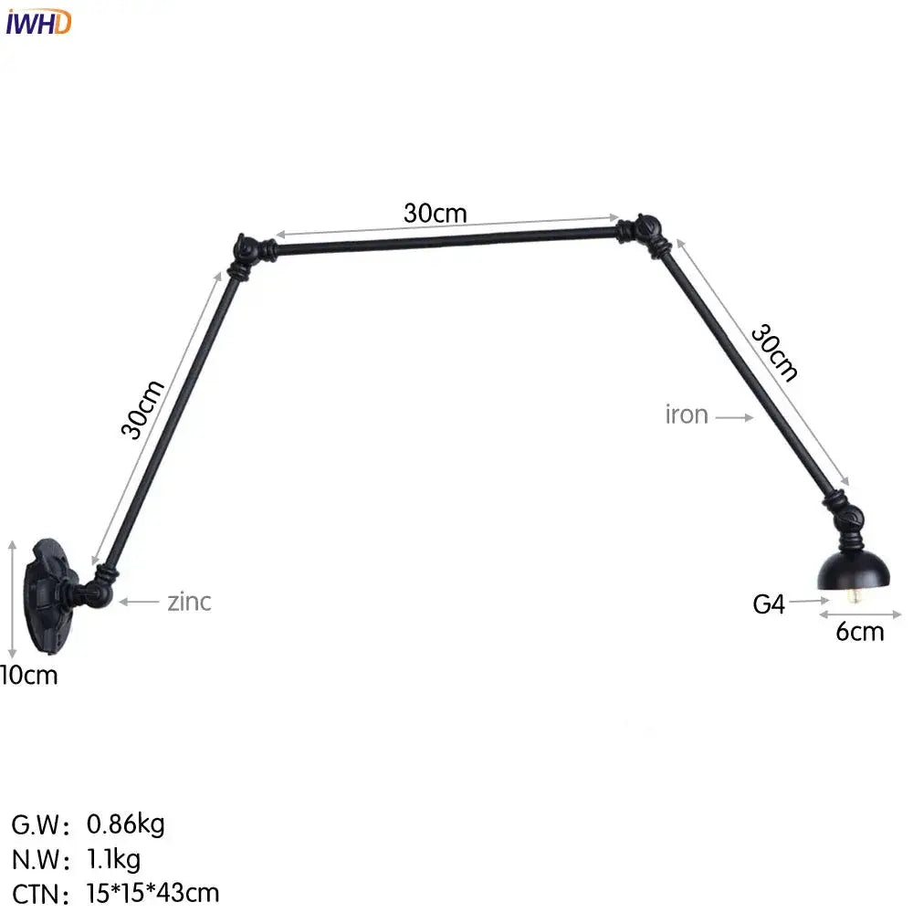 Industrial black iron adjustable wall sconce with articulated arms and g4 bulb holder by decorbites industrial vintage