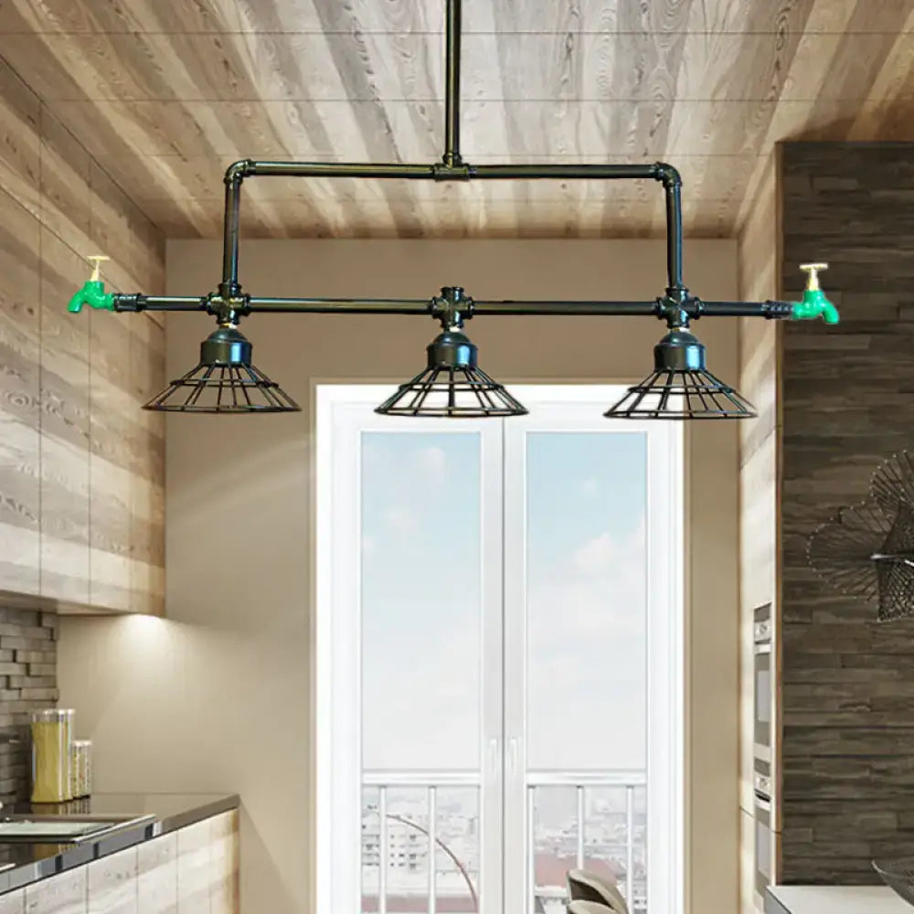 Decorbites vintage 3-bulb metal shade pendant lamp with black pipes green water tap accents for coffee shop 110v-120v