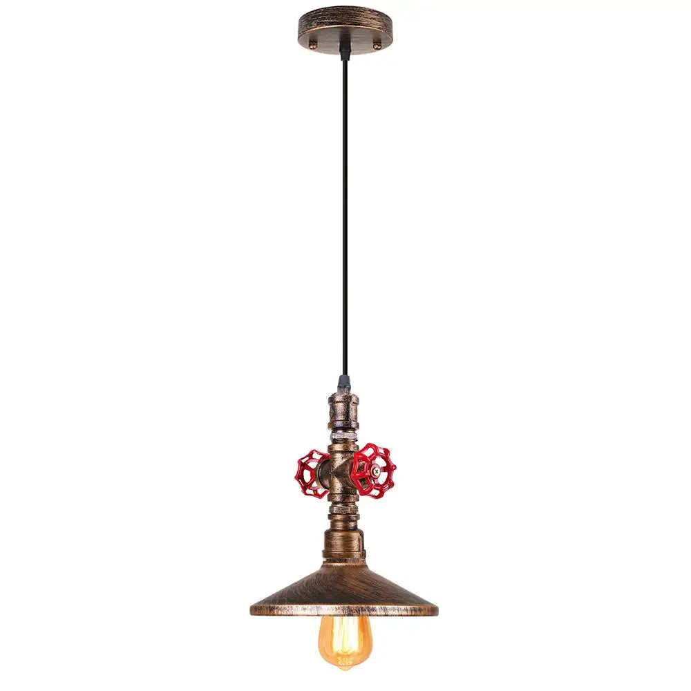 Industrial bronze iron water pipe pendant light with red valve handles and exposed Edison bulb for kitchen use