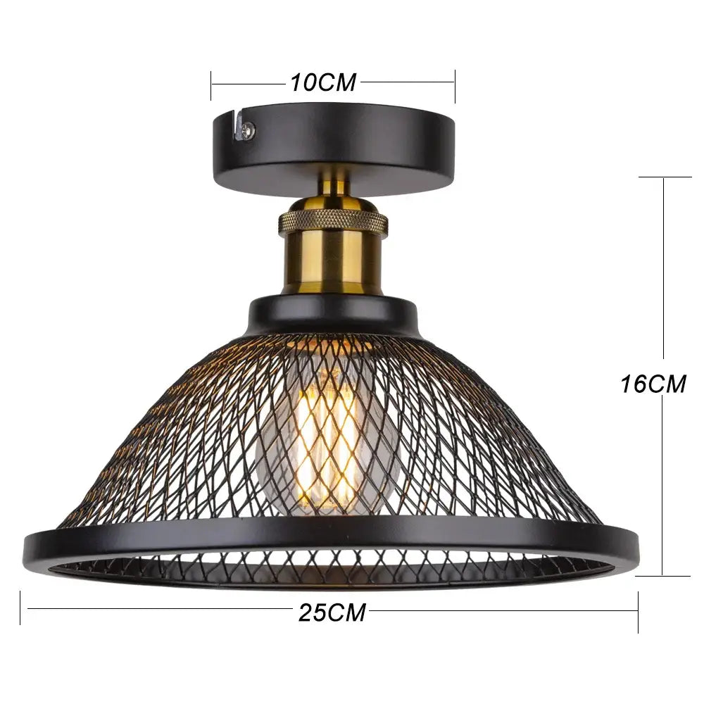 Black metal mesh industrial vintage cage ceiling light with brass stem and exposed Edison bulb decorbites industrial vintage