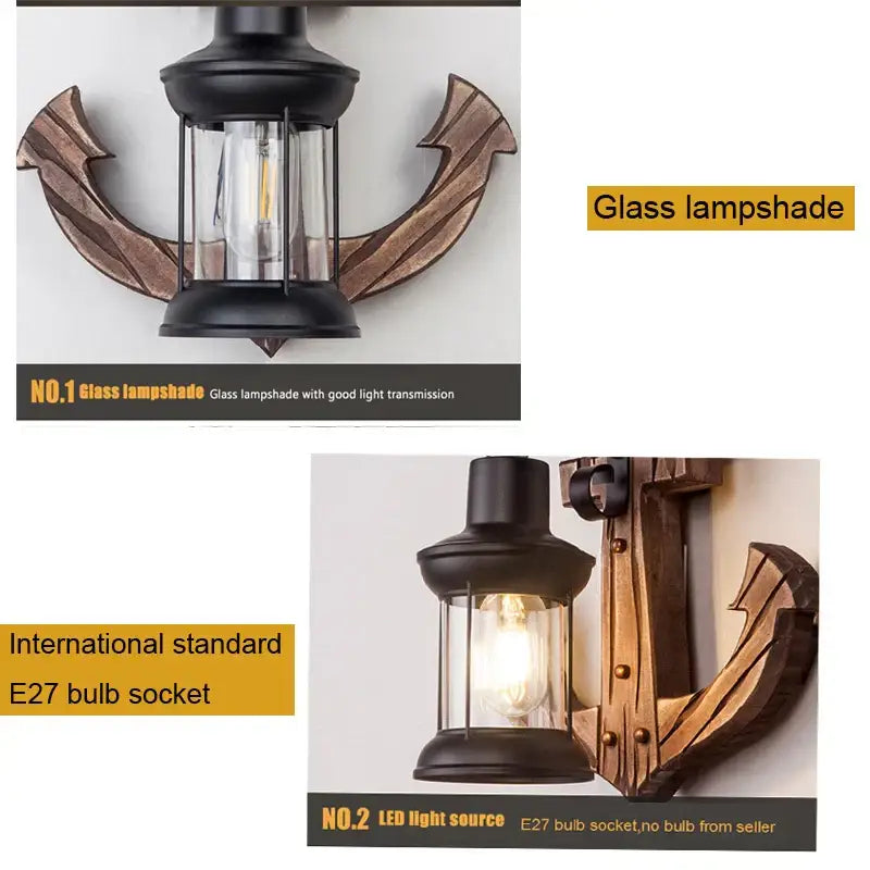 Black anchor-shaped wall lamp with glass lampshade and metal frame industrial vintage wood decorbites bedroom decor