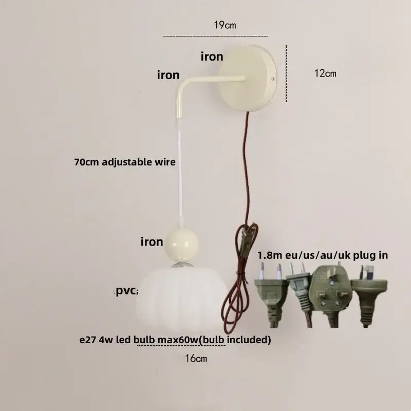 Off-white decorbites iron nordic led wall light with curved iron arm frosted pvc shade and pull chain for bedroom decor
