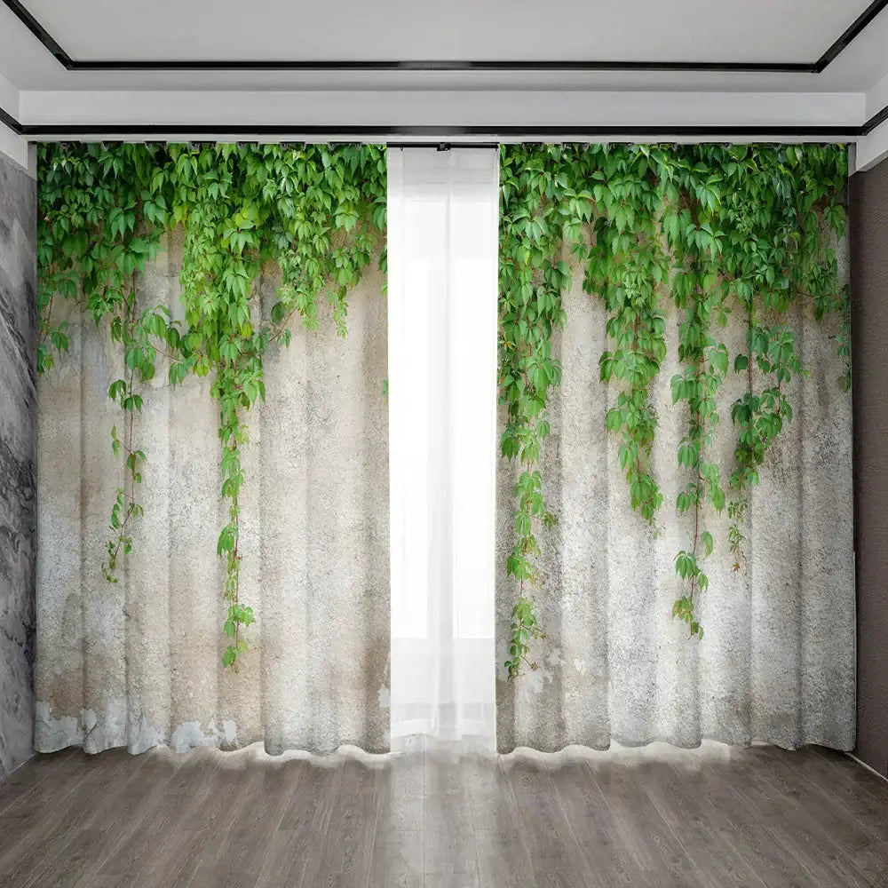 Lush ivy green leaf plant printed curtains with sheer white panel and textured concrete backdrop for living room use