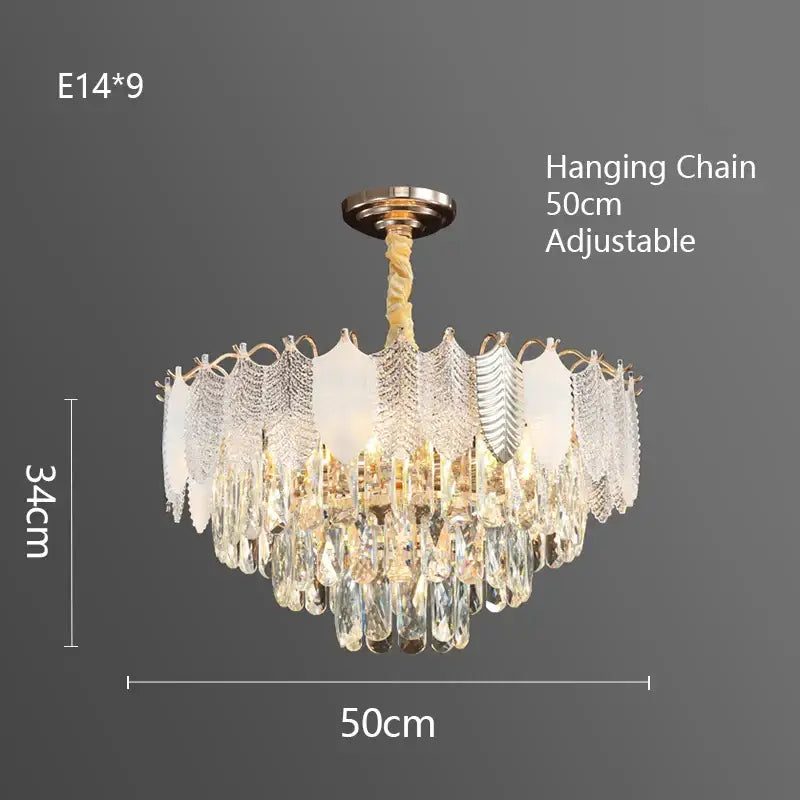 Elegant decorbites crystal indoor chandelier with gold-toned frame and cascading clear frosted glass leaves and pendants