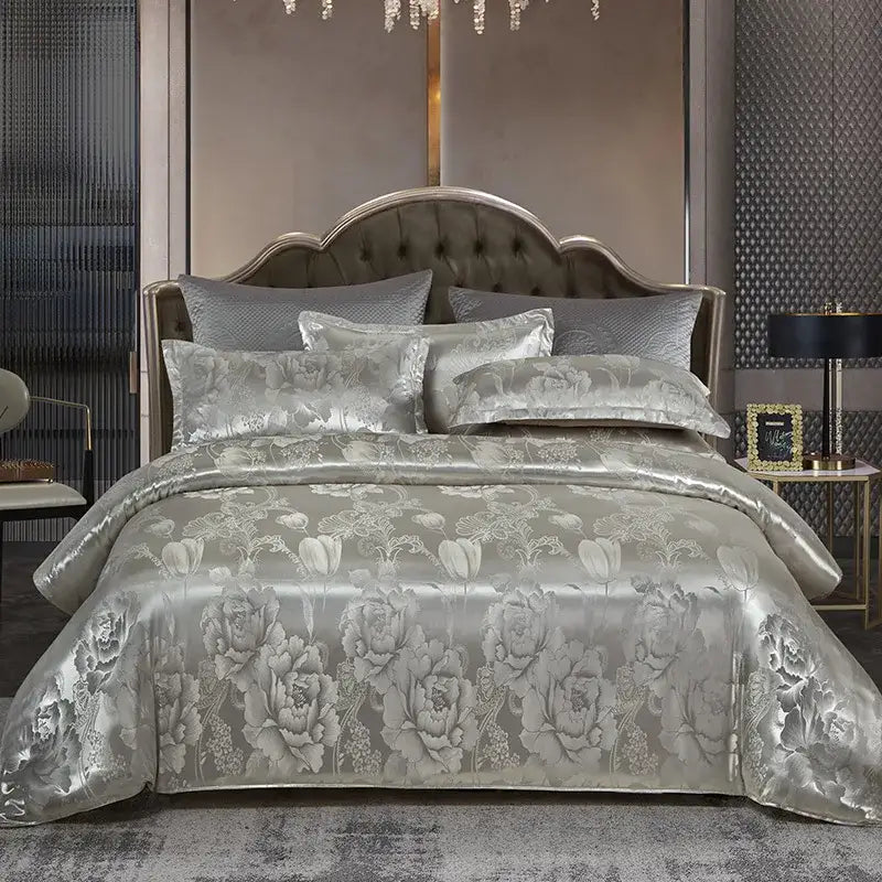 Luxurious silver-toned satin duvet cover bedding set with intricate floral embroidery by decorbites jacquard satin