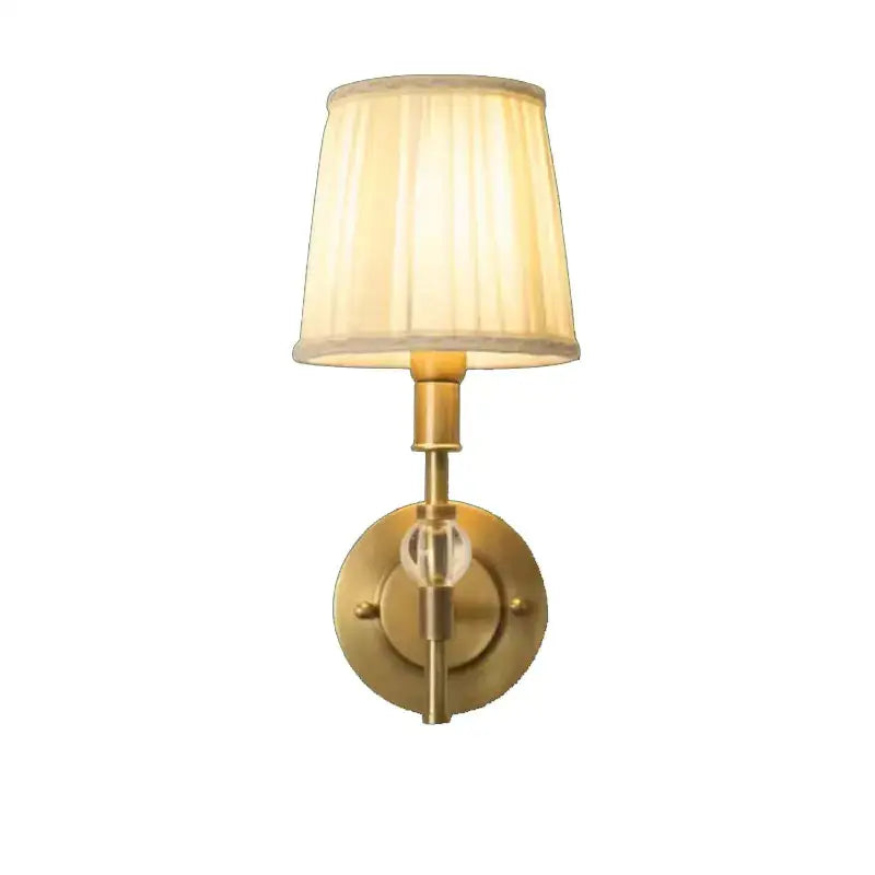 Antique brass copper wall lamp with cream pleated fabric shade and clear crystal accent for bedroom and hallway decorbites copper wall lamp