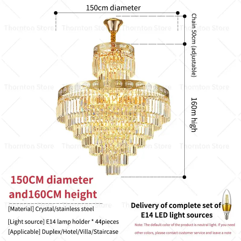 Luxury gold crystal duplex chandelier with crystal droplets and stainless steel accents for living room decorbites crystal duplex