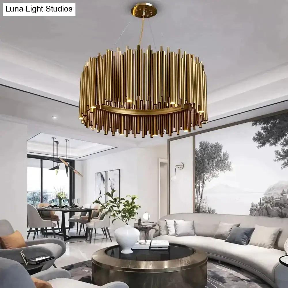 Golden cylindrical luxury modern round chandelier with a sleek circular design for elegant living room lighting