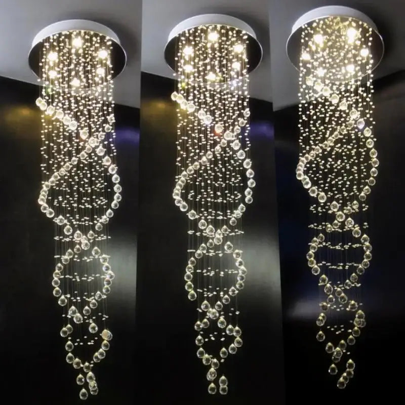 Luxury silver cascading crystal led chandelier with clear crystal beads spiral design illuminated by warm white decorbites crystal led lights