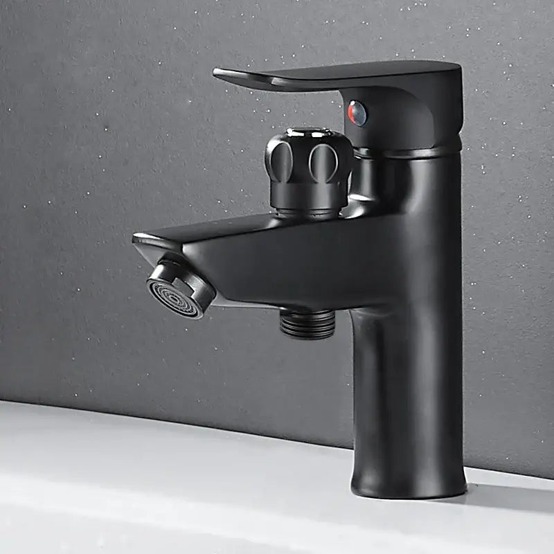 Matte black brass basin faucet with single handle and pull out spray featuring a sleek decorbites black brass design